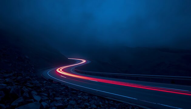 Mountain road night long exposure light trails moody atmosphere