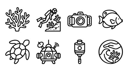 Fototapeta premium Marine life and underwater exploration line icons featuring coral reef, scuba diver, underwater camera, fish, sea turtle and research submarine