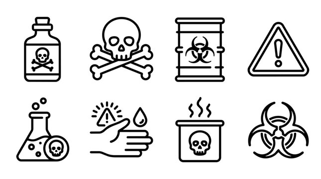 Toxic chemicals and hazardous waste line icons featuring poison bottles, skull symbols, biohazard barrels, laboratory flasks and warning signs
