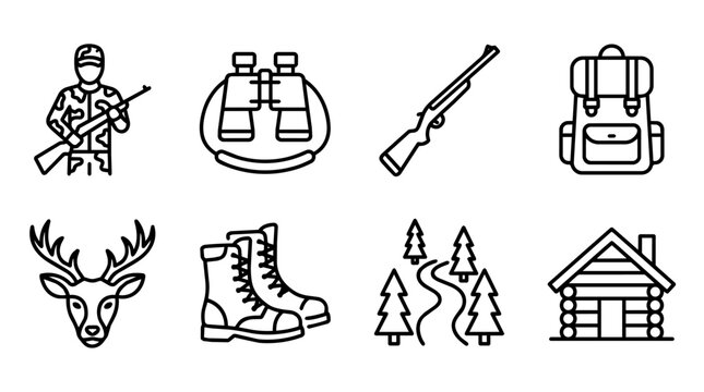 Hunting and outdoor adventure line icons featuring hunter, rifle, binoculars, backpack, deer, hiking boots, forest trail and log cabin