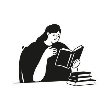 Woman reading book doodle clipart. Person with stacked books vector illustration isolated on white background. Coffee doodle style graphic element.