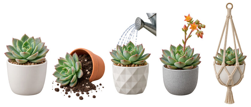 Set of echeveria succulent in pots on transparent