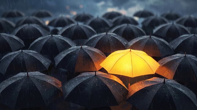 A beacon of yellow stands boldly in a monochrome sea of black umbrellas, embodying the spirit of individuality, innovation, and unwavering uniqueness amidst conformity