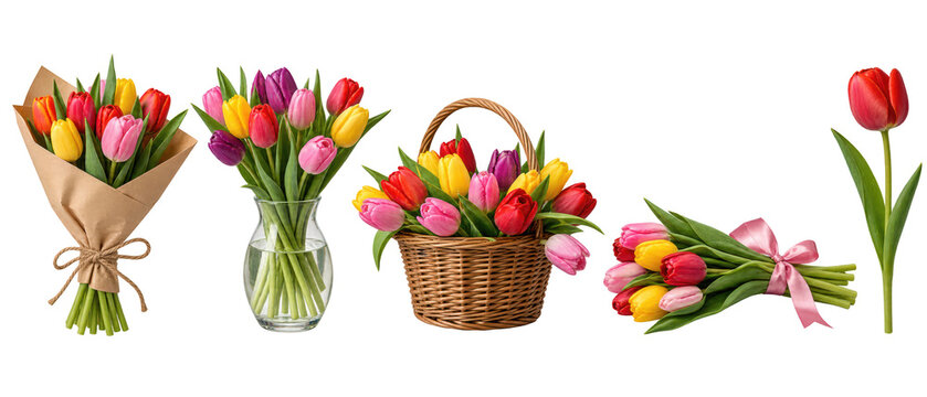 Set of colorful tulip bouquets in vase and basket on transparent