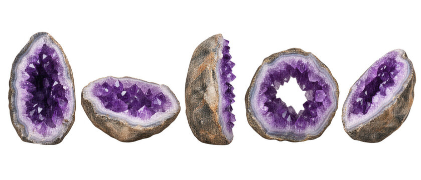 Set of amethyst geode crystals purple on transparent