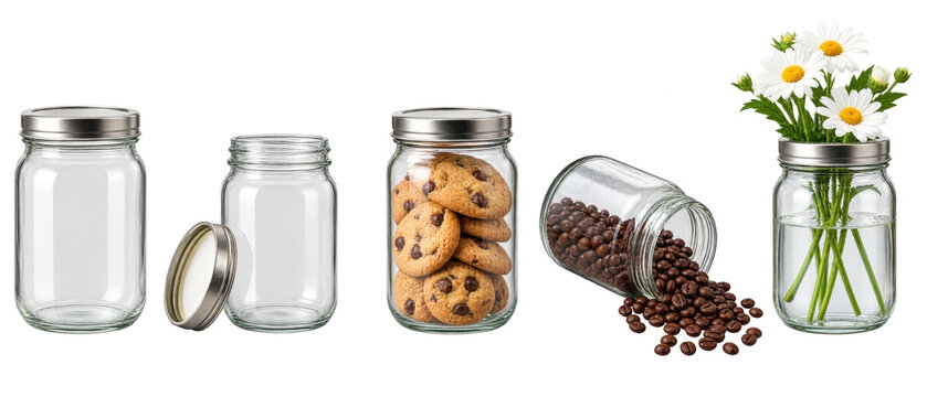 Set of glass mason jars with cookies and coffee on transparent