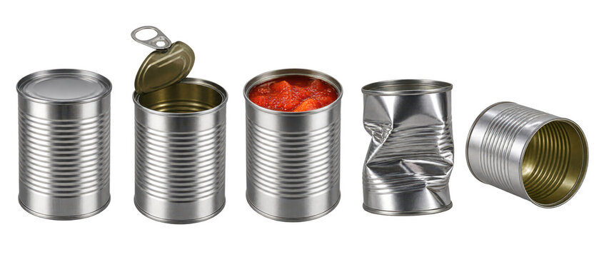 Set of tin cans closed open and crushed on transparent