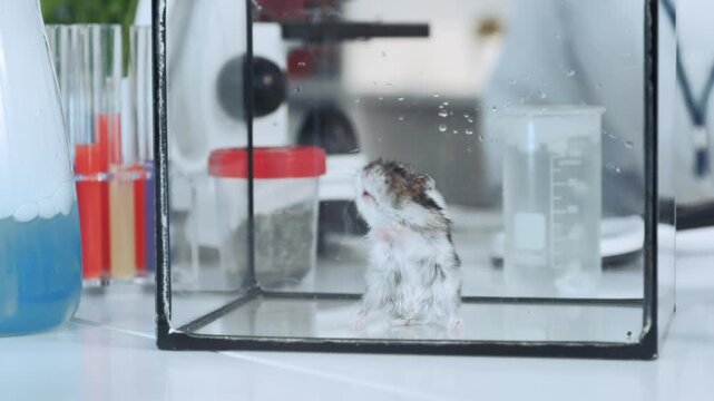 A brown and white mouse resting inside a clear glass container surrounded by measuring cylinders, test tubes with colored liquids, and scientific equipment in a chemistry lab.