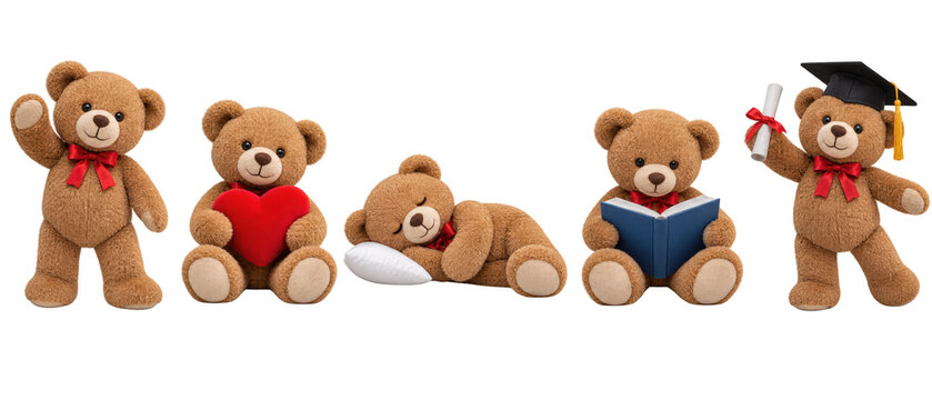 Set of teddy bear toy in different poses on transparent