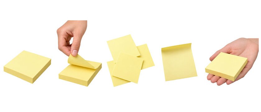 Set of yellow sticky notes pad and peeling on transparent