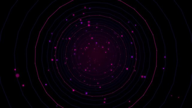 Abstract glowing purple particles swirl in concentric circles against a dark background