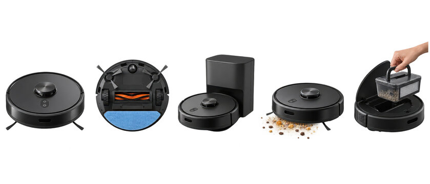 Set of black robot vacuum cleaner with dock on transparent