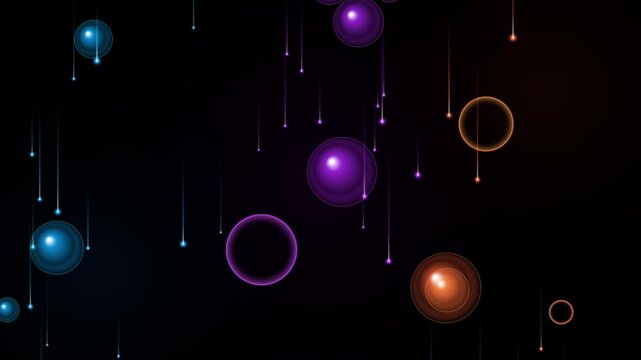 Abstract glowing light drops and colorful bubbles in digital space video