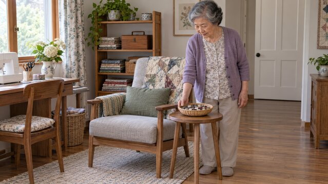 A woman places a small basket of buttons beside her sewing chair to prepare one manageable future sorting task during a home decluttering routine