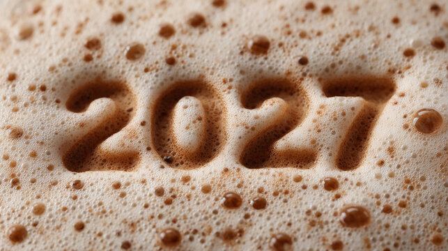 Frothy drink fills the frame. Number 2027 carved into the foam. Bubbles surround the digits. Close-up view highlights texture and detail. Ideal for New Year's countdown themes