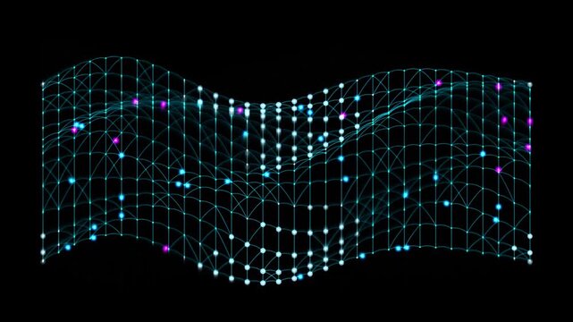 Waving digital fabric with teal blue glowing particles on black background abstract motion concept
