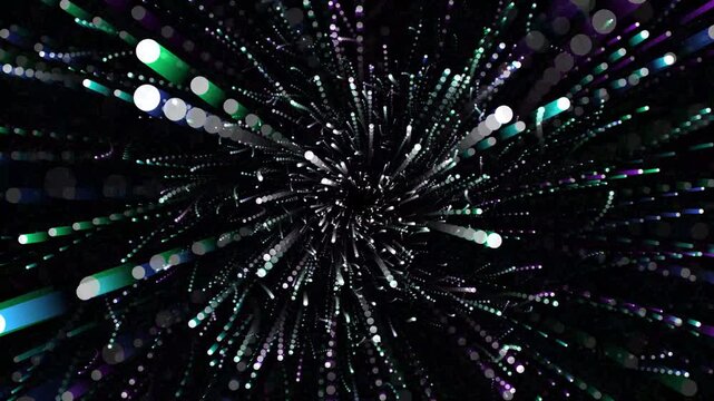 Abstract bursts of light trails and bokeh particles zoom forward against a dark background