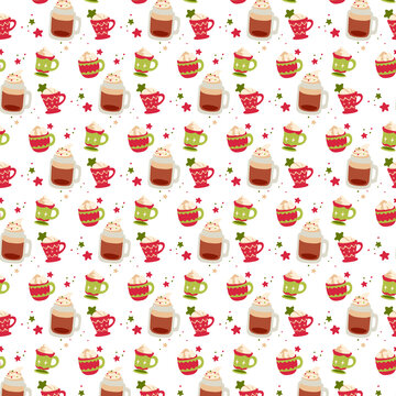 Transparent Christmas hot chocolate mug seamless pattern overlay