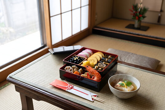 Stacked lacquer boxes of New Year osechi food on a table in winter