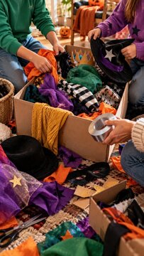 Family Sorting Homemade Halloween Costumes Into Storage Box