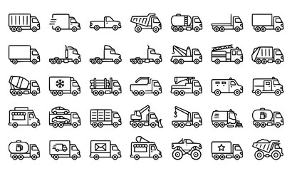 Commercial Truck Types and Transportation Vehicles 30 Editable Outline Vector Icons © Azizul