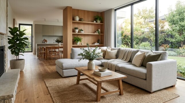Modern Living Room Interior with Comfortable Sofa and Natural Light