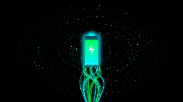 Battery Icon with Glowing Energy Lines Against a Dark Starry Background. Digital Power Symbol Illustration for Technology and Energy Concepts.