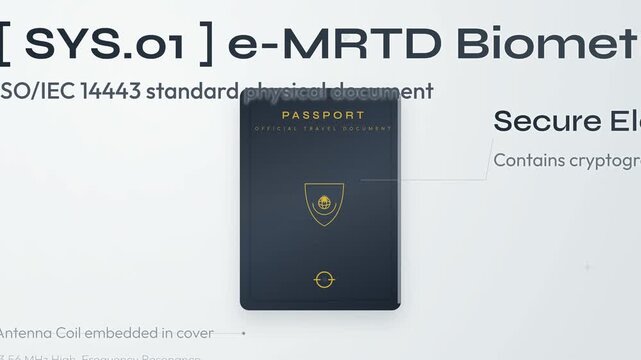 3D animation of a smartphone reading an e-passport using near field communication for biometric data extraction and secure cryptographic verification