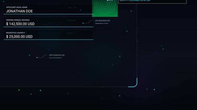 Futuristic UI animation of a peer-to-peer lending platform showing algorithmic risk analysis and smart contract execution for loan approval