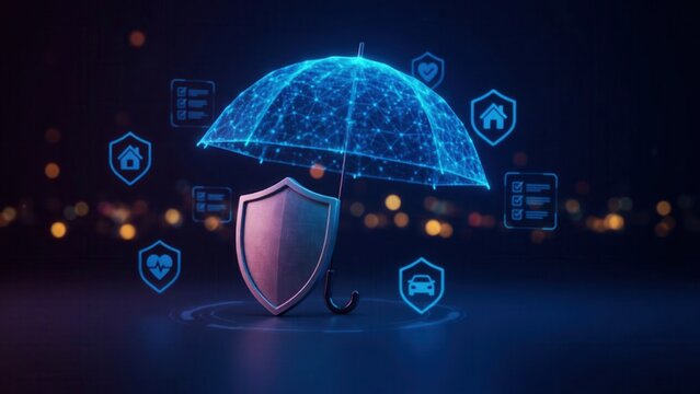 Digital wireframe umbrella and shield protect against threats, symbolizing security and insurance.