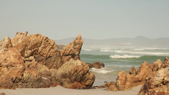waves rolling into coastline of , Kammabaai Beach, Hermanus, South Africa