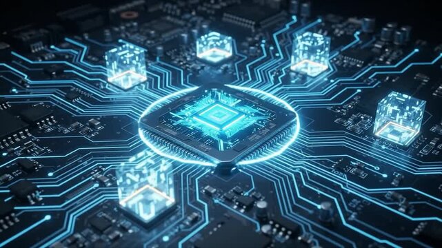 Advanced square microchip processor on dark circuit board. Glowing blue tech semiconductor CPU background. Fast data transfer technology.