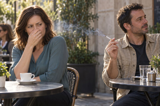 Woman Covering Her Nose as Cigarette Smoke Drifts from a Nearby Smoker at an Outdoor Cafe