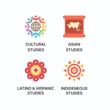 Cultural Studies Vector Icon Set: Flat Concepts for Asian Studies, Cultural Studies, Latino and Hispanic Studies, Indigenous Studies, Diversity, Heritage, Education, Global Culture