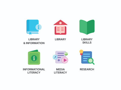 Library and Information Literacy Vector Icon Set: Flat Concepts for Library Skills, Informational Literacy, Media Literacy, Research, Education, Study, Knowledge, Reading