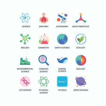 Science and Education Vector Icon Set: Flat Concepts for Anatomy, Astronomy, Biology, Chemistry, Physics, Ecology, Geology, Forensic, Marine, Environmental, Space Science