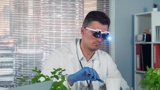 A middle-aged botanist wearing a lab coat and gloves examines green plants using magnifying glasses in a bright modern laboratory with an urban cityscape view.