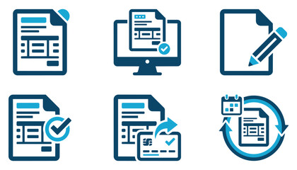 Set of six business document and electronic filing icons in blue with document business accounting computer management information paperwork © Cute Vector