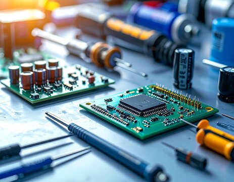 Electronics engineer inspecting circuit board components with precision tools on blue technical workbench