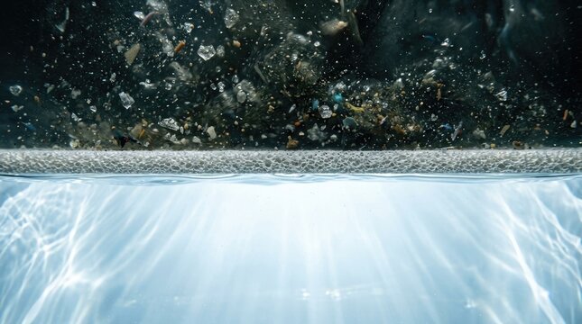 Semipermeable membrane dividing turbid saline feed from pure permeate, demonstrating reverse osmosis filtration, microplastic particle rejection, producing clean drinking water.