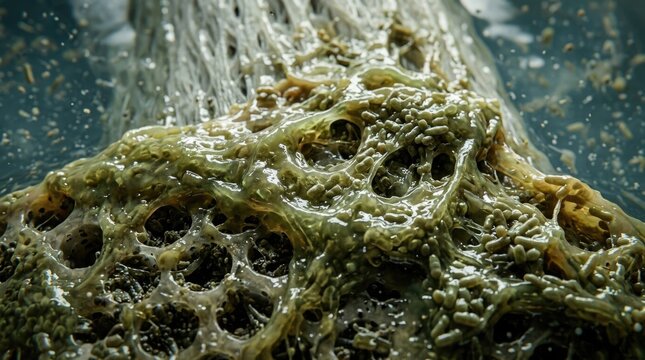 Bacterial biofouling covering reverse osmosis polyamide membrane surface, dense extracellular polymeric substance matrix choking porous filtration layer, reducing freshwater permeation flux.