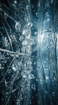 Semipermeable membrane matrix blocking mineral salt crystal structures, demonstrating reverse osmosis pressure driven seawater desalination, yielding pure permeate water flow.
