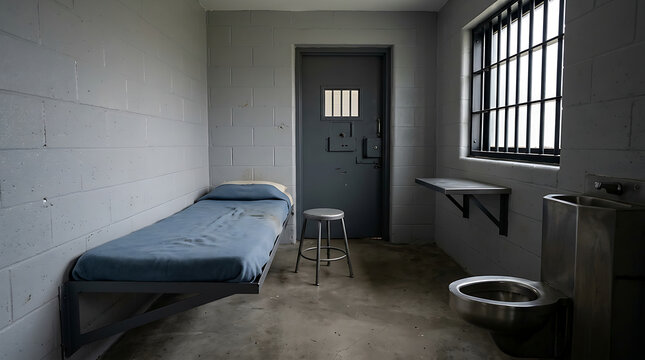 Empty Prison Cell With Basic Amenities.