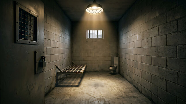 Empty Prison Cell With Metal Bed.