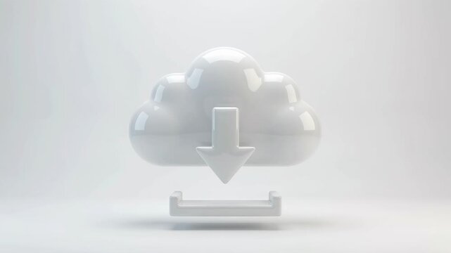3D cloud download icon animation, minimalist white tech for cloud computing and data transfer concepts