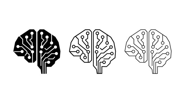 Artificial intelligence brain circuit vector icon set isolated on transparent background