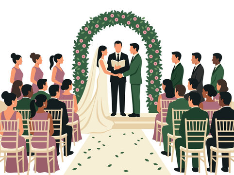 Elegant Wedding Ceremony Illustration with Diverse Bride, Groom, Officiant, and Guests under a Floral Arch in Flat Vector Style