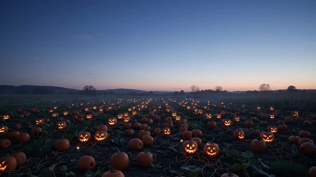 Glowing Jack-o'-Lanterns in a Twilight Pumpkin Patch - A vast field of pumpkins is illuminated by the warm glow of carved jack-o'-lanterns as twilight descends.