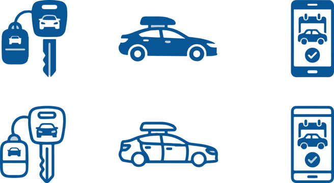 Car rental and sharing service icons with keys and mobile booking