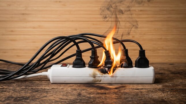 Overloaded power extension strip catching fire with electrical sparks, ideal for safety awareness and hazard concepts